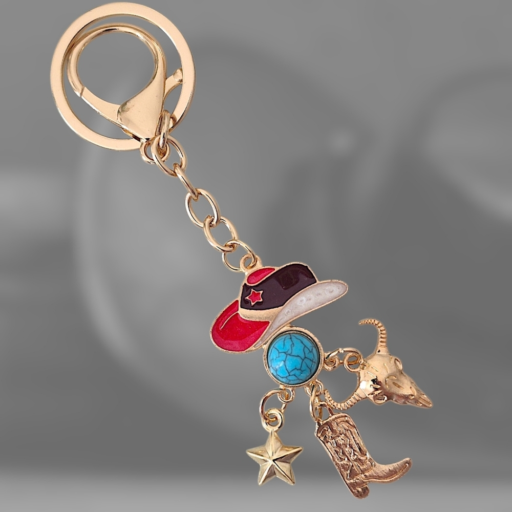 Western Bag Charm / Keychain with Maroon Hat and Charms